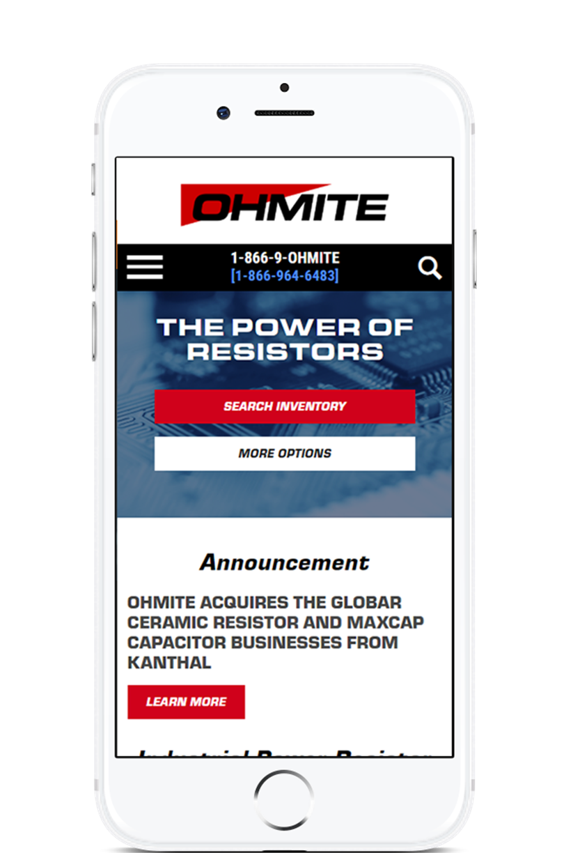 image of TopSpot Internet Marketing Wins 2018 Best Catalog Mobile Website Mobile WebAward for Ohmite Mfg Co Website