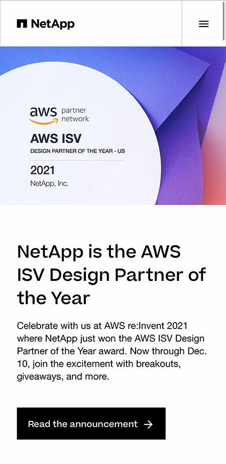 image of The NetApp Digital Marketing Team Wins 2021 Best Information Services Mobile Website, Best Technology Mobile Website Mobile WebAward for NetApp