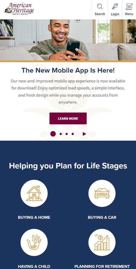 image of American Heritage Credit Union Wins 2022 Best Credit Union Mobile Website, Best Financial Services Mobile Website Mobile WebAward for American Heritage Credit Union's Mobile Website